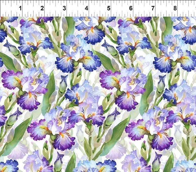 Iris purple floral decoupage-style fabric with green leaves and blue-violet blooms