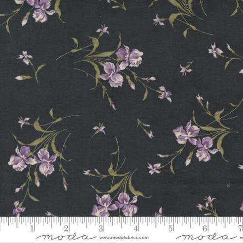 Dark fabric with purple floral vine pattern, small blossoms and leafy sprays