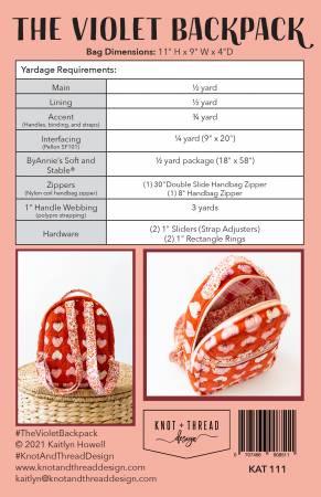 Backpack sewing pattern cover with “The Violet Backpack” title and details