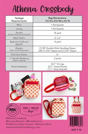 Crossbody bag pattern sheet with measurements and fabric requirements, KAT116
