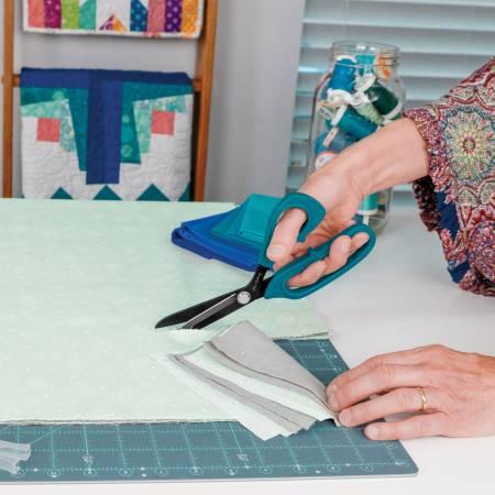 Dark teal bent-handle scissors with micro-serrated non-slip blades