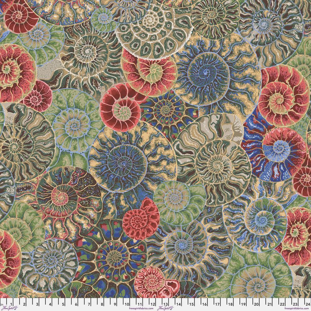 Ammonite print fabric in neutral tones with multicolor spiral shell motifs
