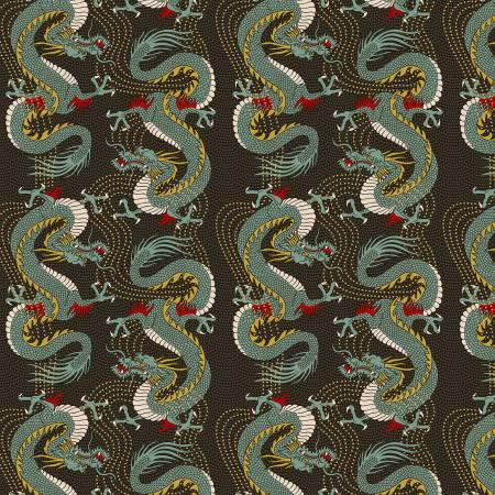 Black kimono fabric with bold multicolor dragon and koi scale pattern