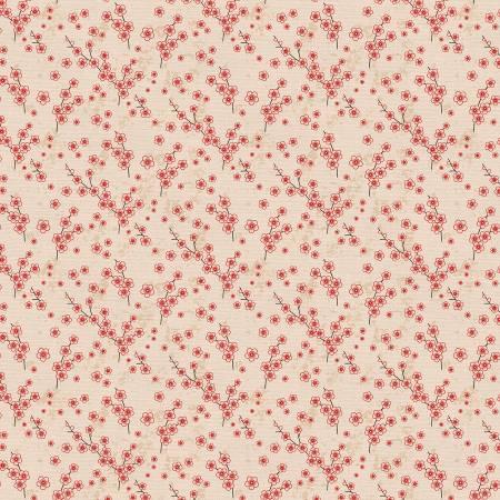 Cream fabric with red cherry blossom print