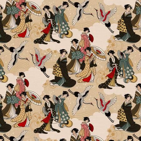Cream kimono fabric with koi, cranes, and dancers pattern