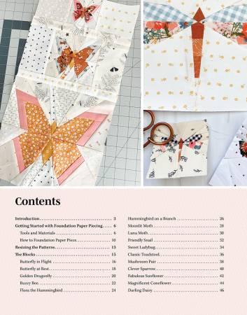 Patchwork quilt blocks displayed with an ingredients contents list on the page