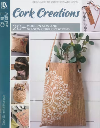 Cork crafts guidebook cover featuring a no-sew tote bag and project photo collage