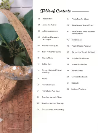 Book table of contents page with numbered sections for cork craft projects