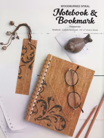 Woodburned spiral cork notebook with ribbon bookmark and glasses-shaped charm