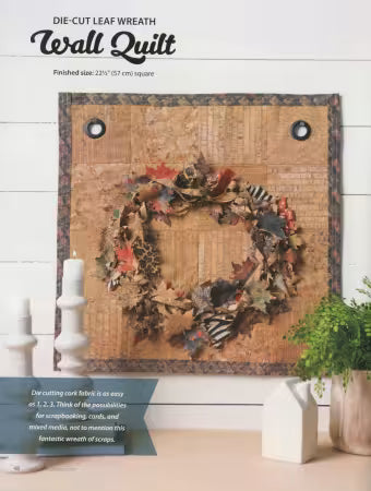 Cork leaf wreath wall quilt square with grommet corners and fabric wreath center