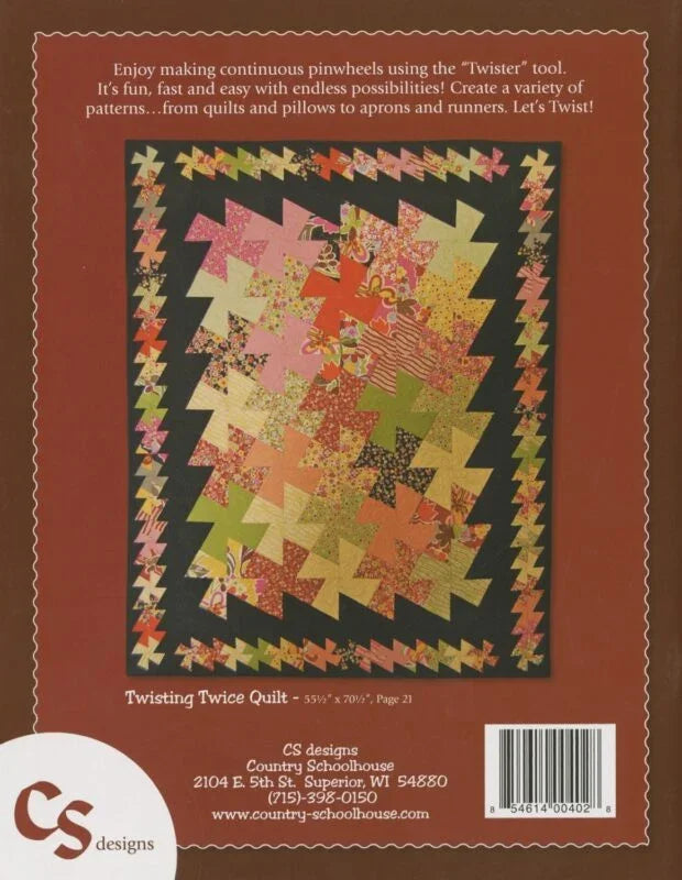 Quilt pattern page featuring a multicolor pinwheel quilt in a dark brown border