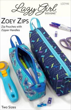 Zip pouch pattern cover with two teal and blue pouches, zipper handles, tools shown