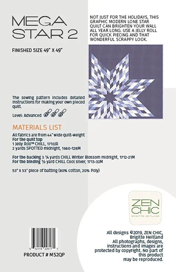 Quilt pattern guide page with small navy-and-white star design and materials list