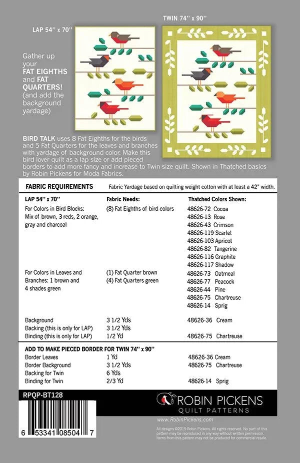 Quilt pattern paper for Bird Talk, with fat quarters and bird block layout