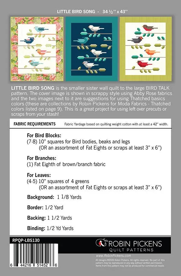 Little Bird Song quilt pattern leaflet with fabric requirements and block layout charts