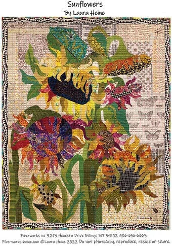 Sunflowers collage pattern with multicolor floral mosaic and fringed border