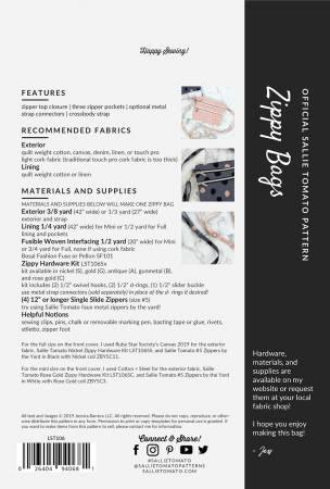 Crossbody bag sewing pattern booklet, back with feature text blocks