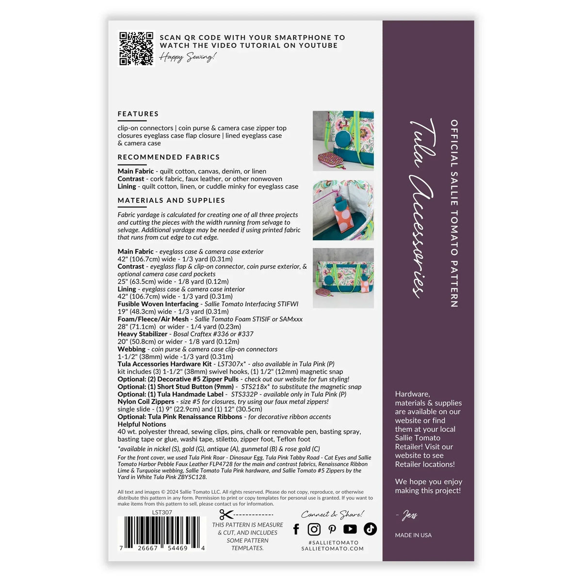 Back of clip-on paper sewing pattern with feature list and size details