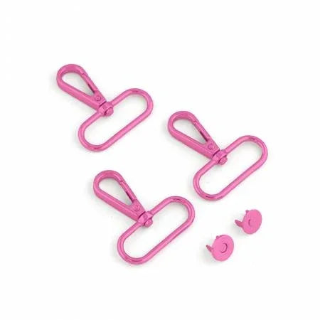 Pink clip-on hardware set with three strap clips and two small fasteners.