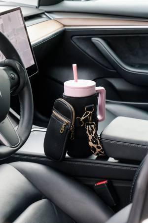 Insulated fabric tumbler carrier with zipper pockets and adjustable strap