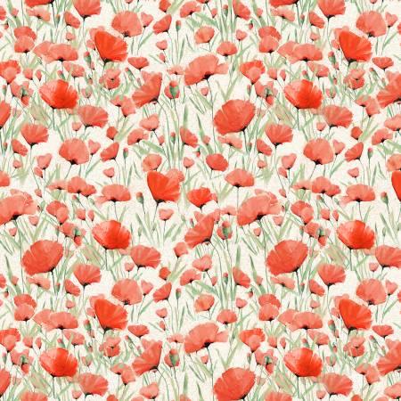 Cream floral fabric with coral poppies and green stems