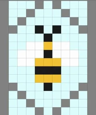 Bee pixel art grid pattern on light blue, with yellow and black center