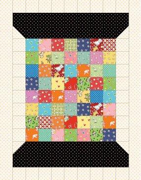 Patchwork quilt panel with multicolor square grid and black border edges