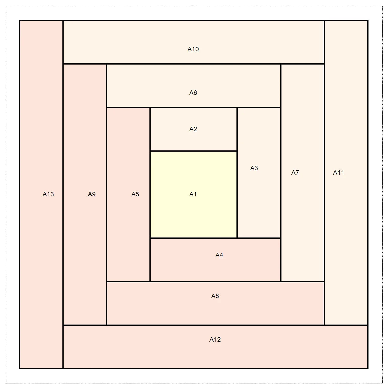Log cabin quilt block foundation paper piecing pattern with labeled sections A1–A13