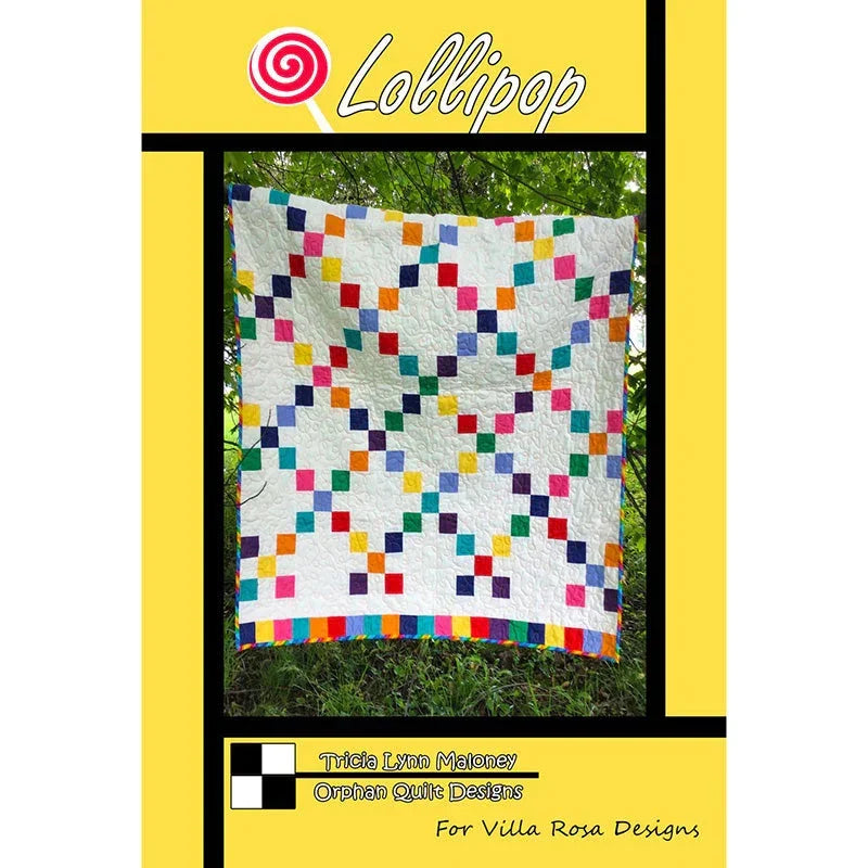 Lollipop patchwork quilt pattern with multicolor squares on white fabric