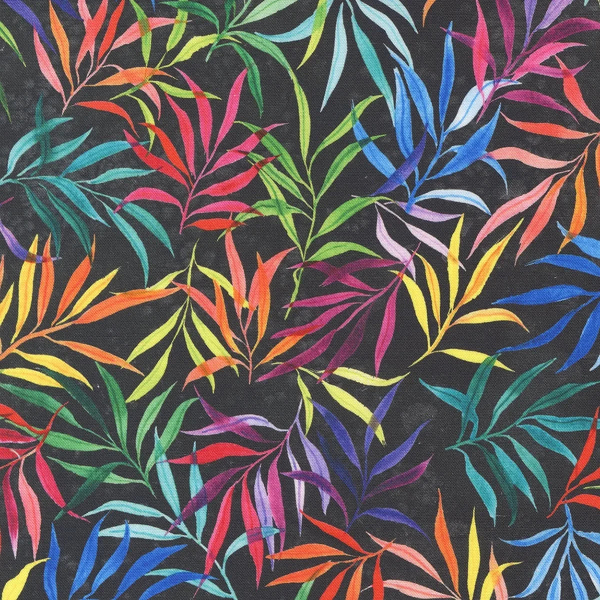 Multicolor leaf patterned fabric with dark background, scattered botanical print