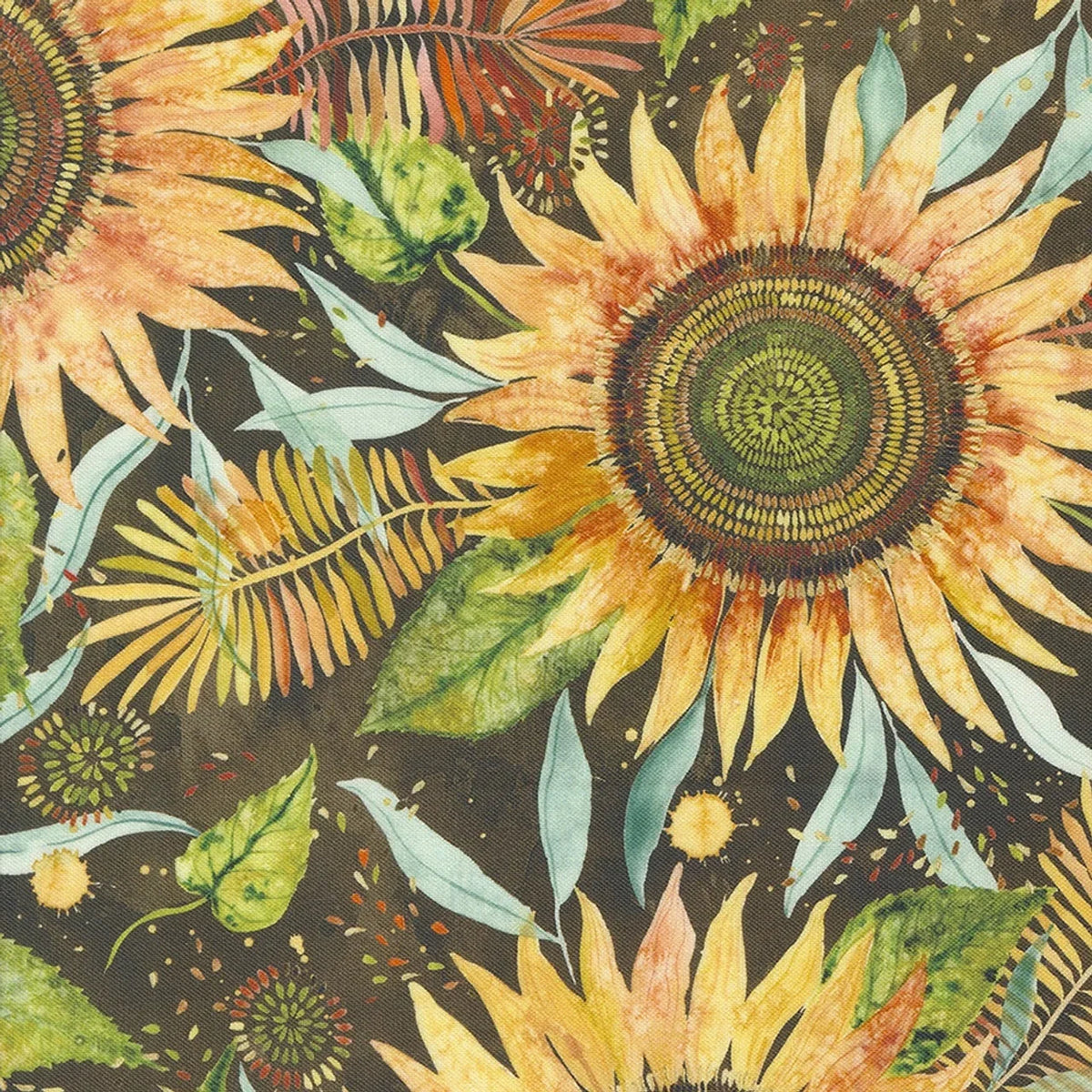 Sunflower and leaf print cotton fabric with brown, golden yellow, and teal accents