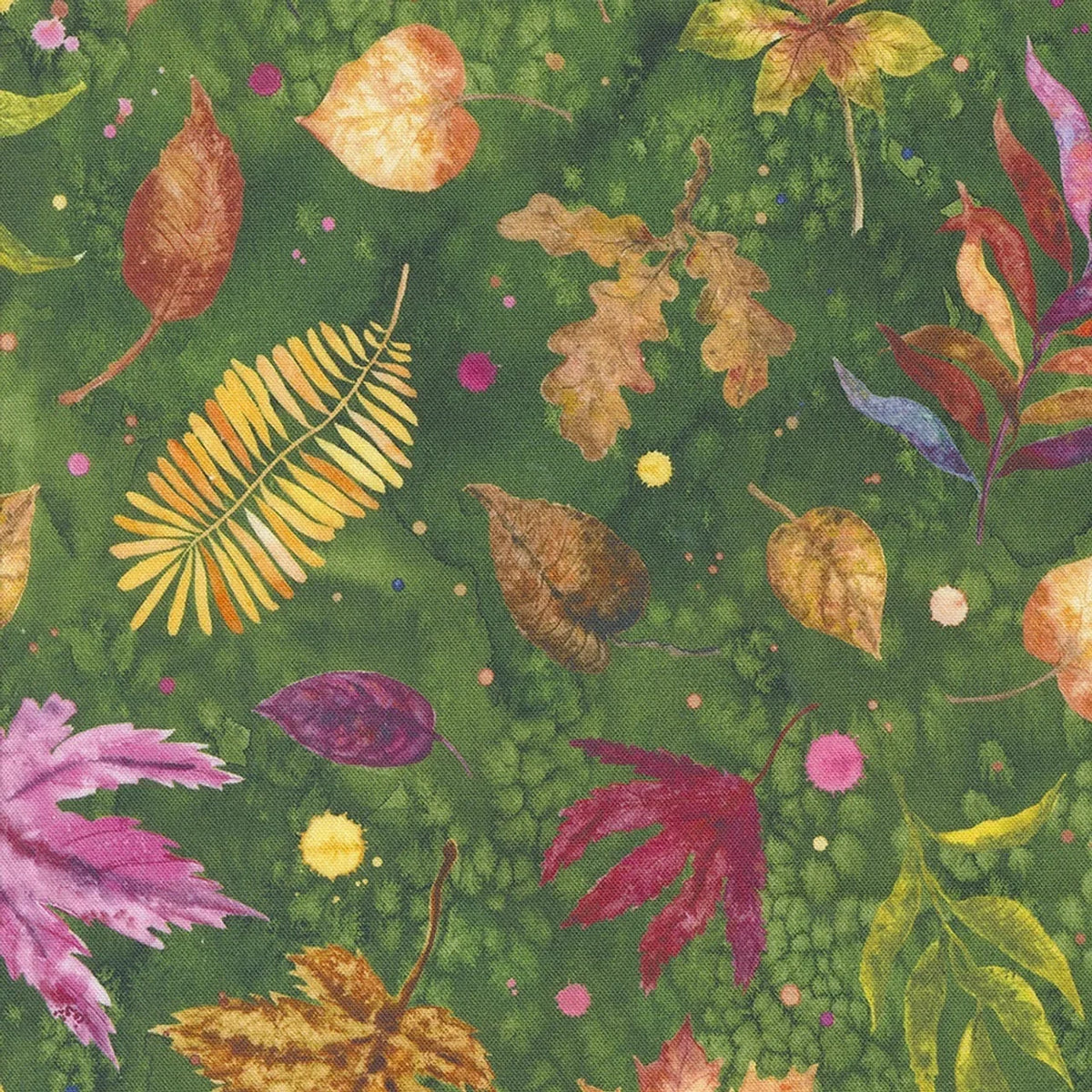 Dark green leaf and fern print fabric with assorted colorful foliage
