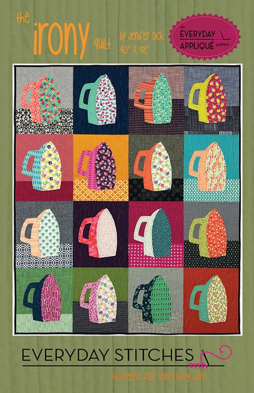 Irony quilt pattern featuring a grid of colorful patchwork irons