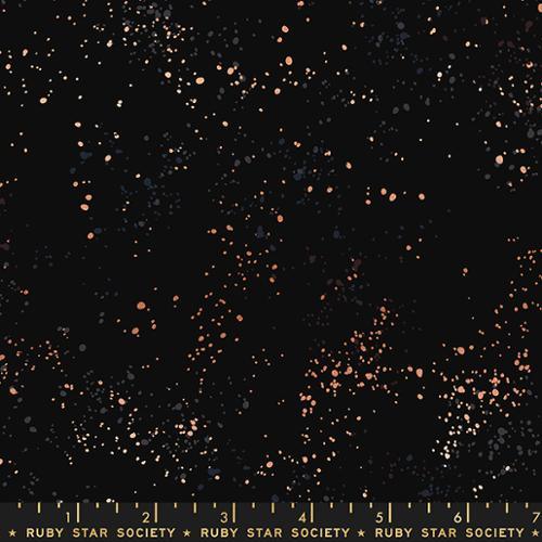Black cotton fabric with scattered bronze and peach speckles