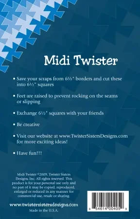 Quilt template instruction card with printed tips, size text, and barcode label