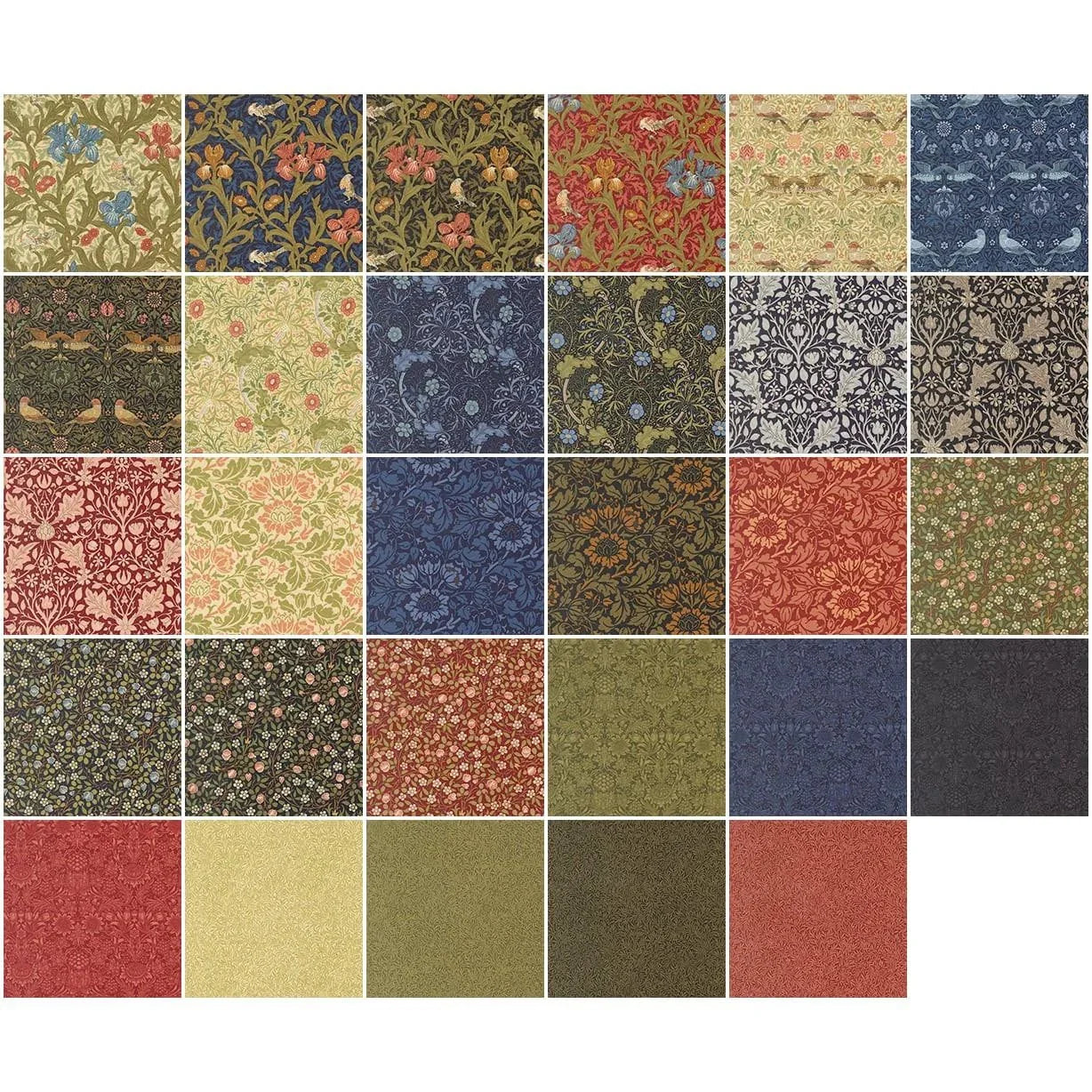 Assorted floral mini fabric squares in muted greens, creams, reds, and blues