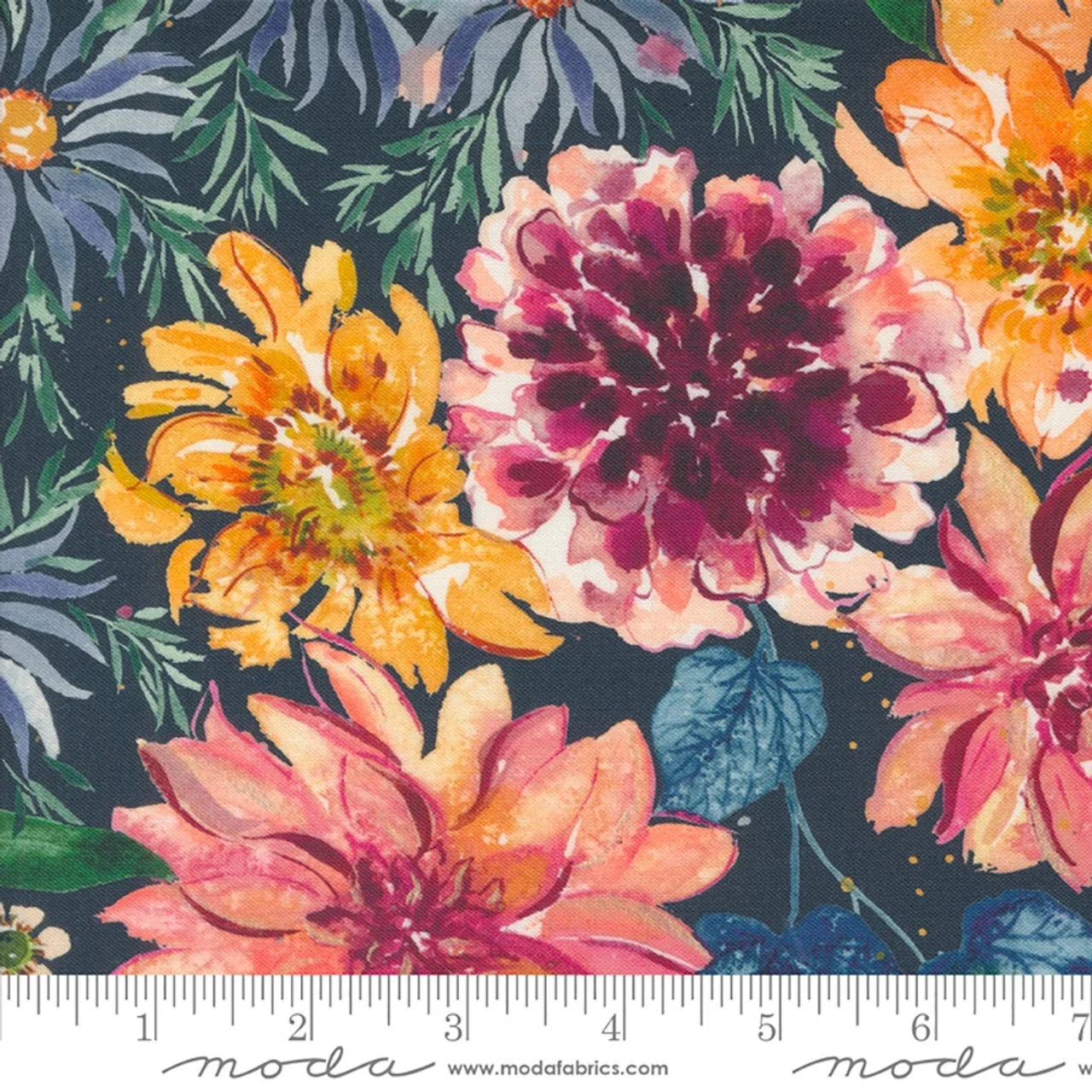 Floral fabric panel with dark blue background and multicolor mixed flowers, large blooms