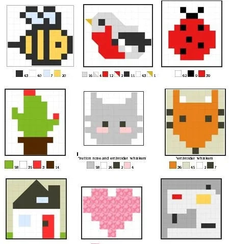 Mini quilt and pincushion pattern sheet with bee and ladybug block designs
