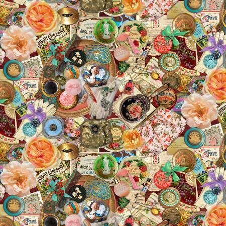 Multi-color vintage glamour fabric with roses, bottles, frames, and ornate accents