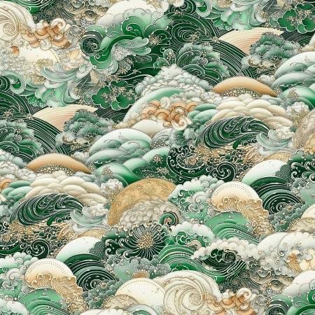 Wave pattern fabric, teal and green swirls with cream and gold accents, decorative backdrop