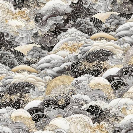 Wave-pattern fabric with layered seashell and fan motifs, gray, black, and cream accents
