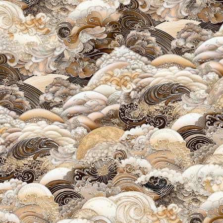 Wave patterned fabric panel in cream, gold, and dark brown