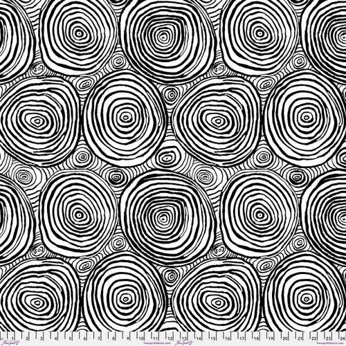 Black-and-white onion ring swirl fabric pattern, repeating circular spiral motifs