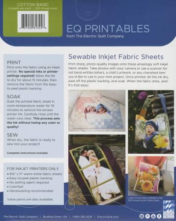 Sewable inkjet fabric sheets package back with print, soak, and sew instructions