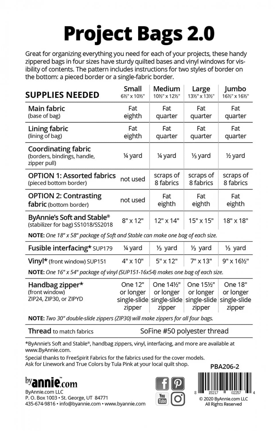 Project Bags 2.0 sewing pattern instruction sheet with fabric size chart