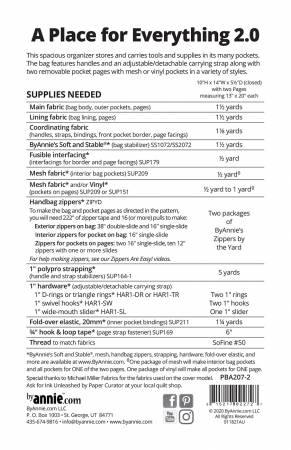 Sewing pattern back with supplies list and usage chart for bag organizer
