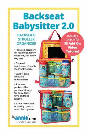Backseat Babysitter 2.0 stroller organizer with multiple storage pockets, colorful fabric