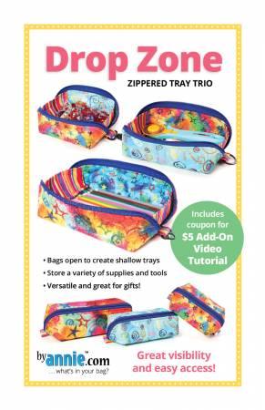 Zippered tray sewing pattern with colorful abstract illustrations on patterned cover