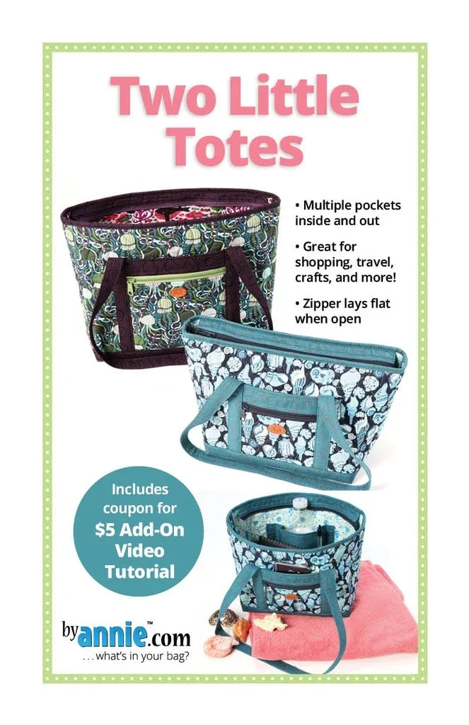 Two Little Totes from ByAnnie sewing pattern with two zip-top tote bags, pockets