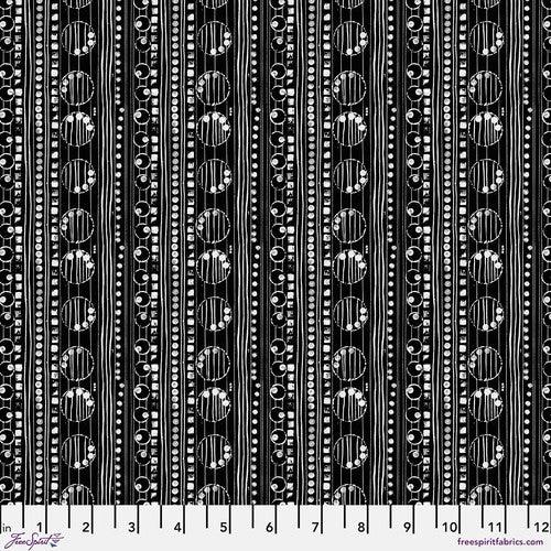 Black fabric with white decorative stripe pattern of dots and ovals